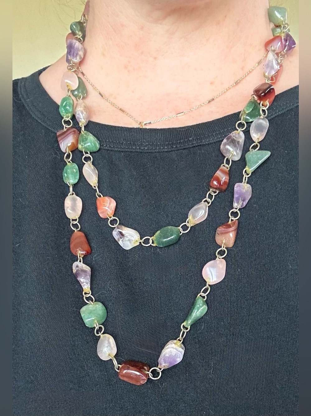 Vintage Extra Long Beggar Bead Necklace: Semi-Precious Polished Stones, Handmade
